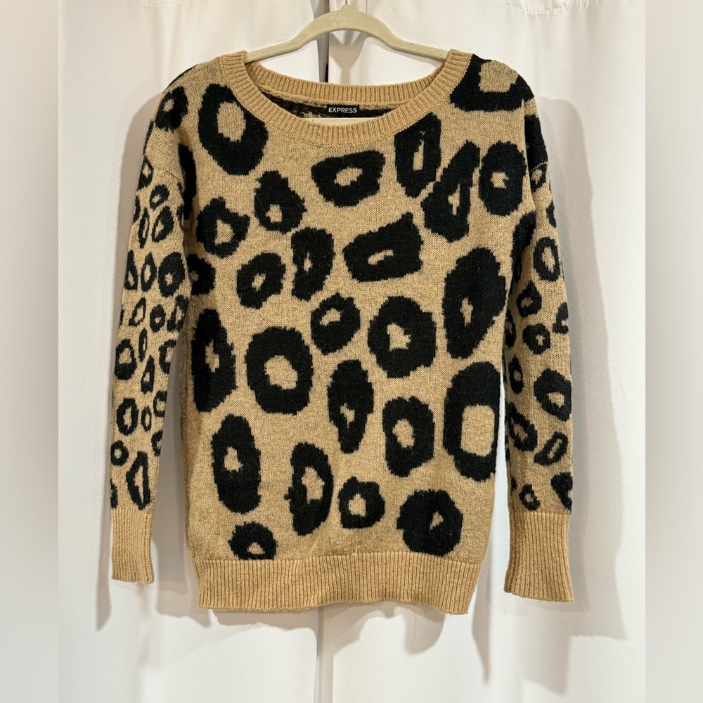 Express Animal Print Crew Neck Sweater - Tan and Black